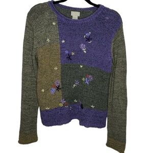 VTG Sigrid Olsen Sport Floral Purple Green Knit Embroidered Sweater Women Size S